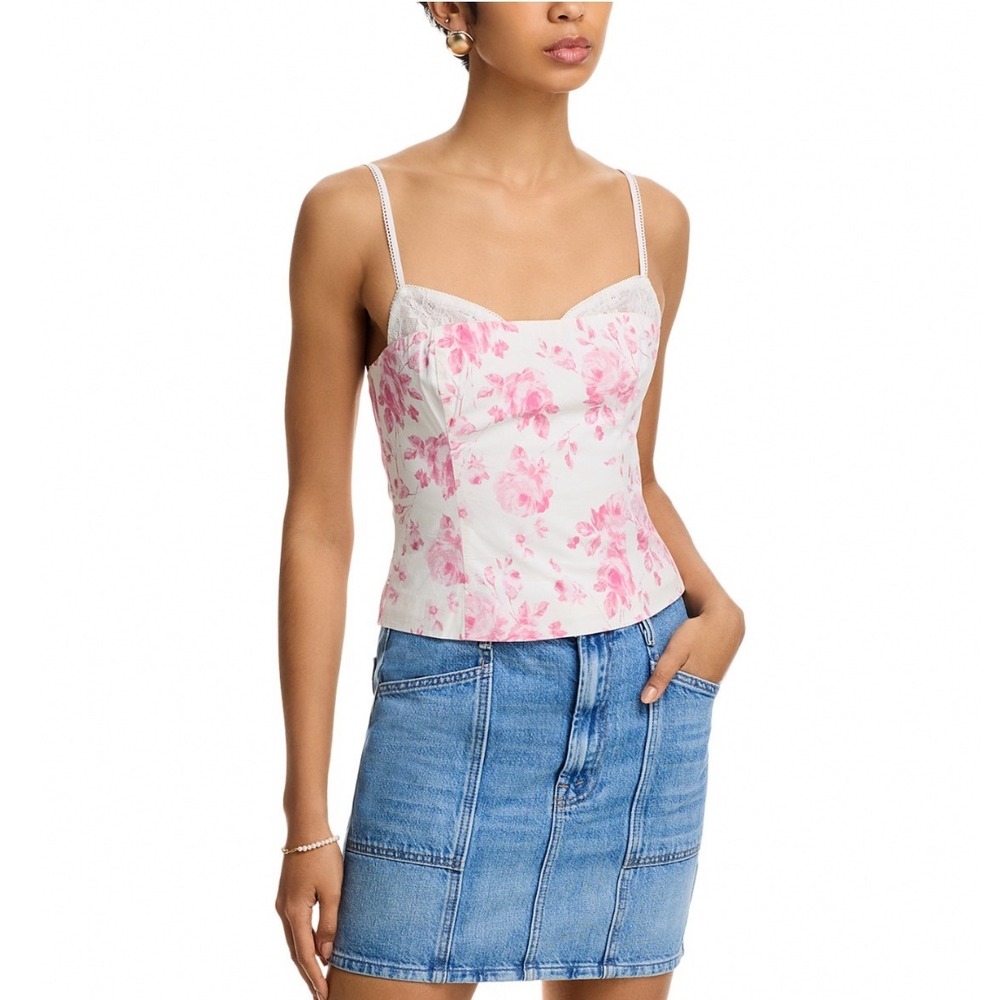 NIA Fremont Floral Print Tank Top Pink Sweetheart Lace Trim Large NWT